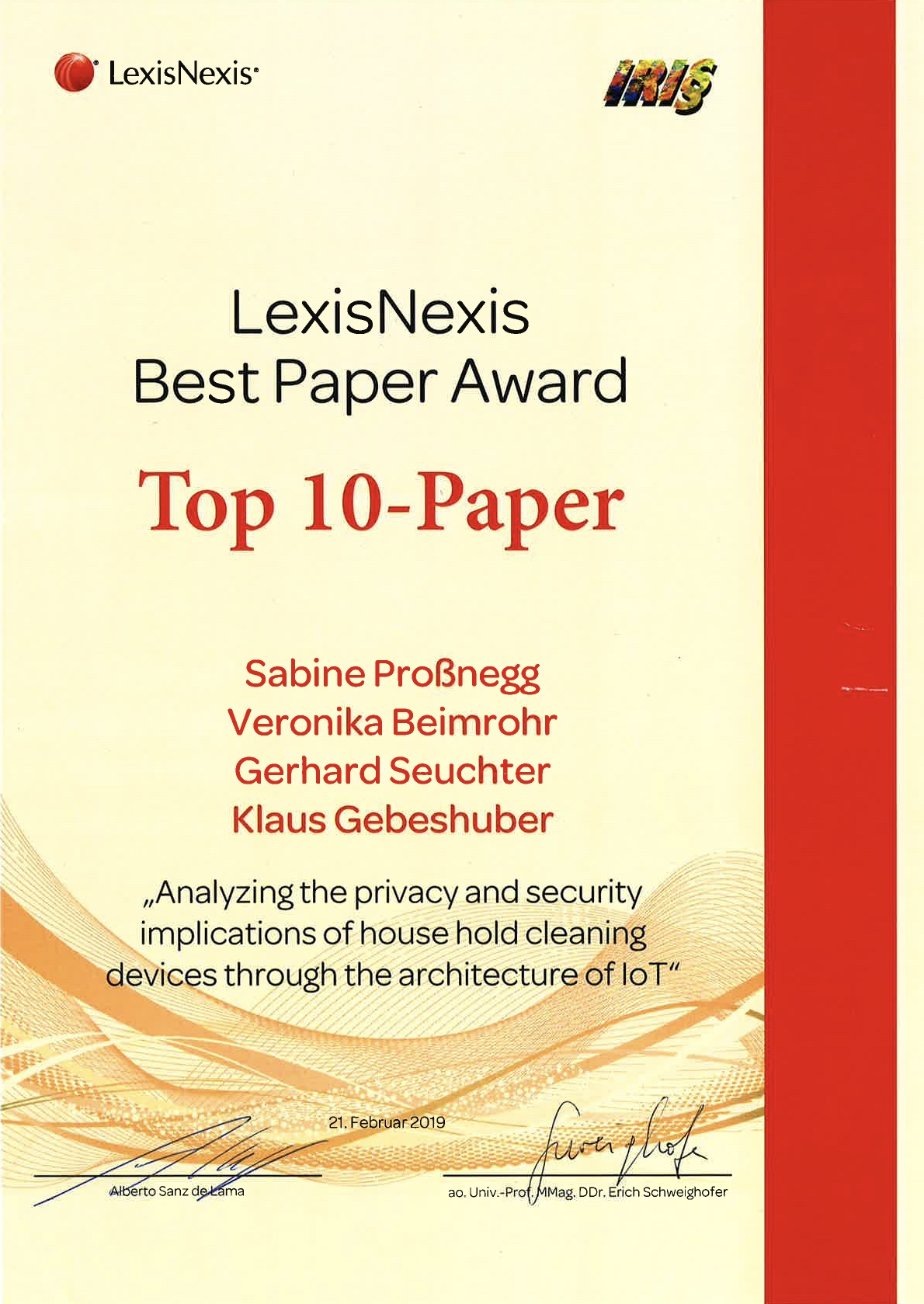 Urkunde LexisNexis Best Paper Award