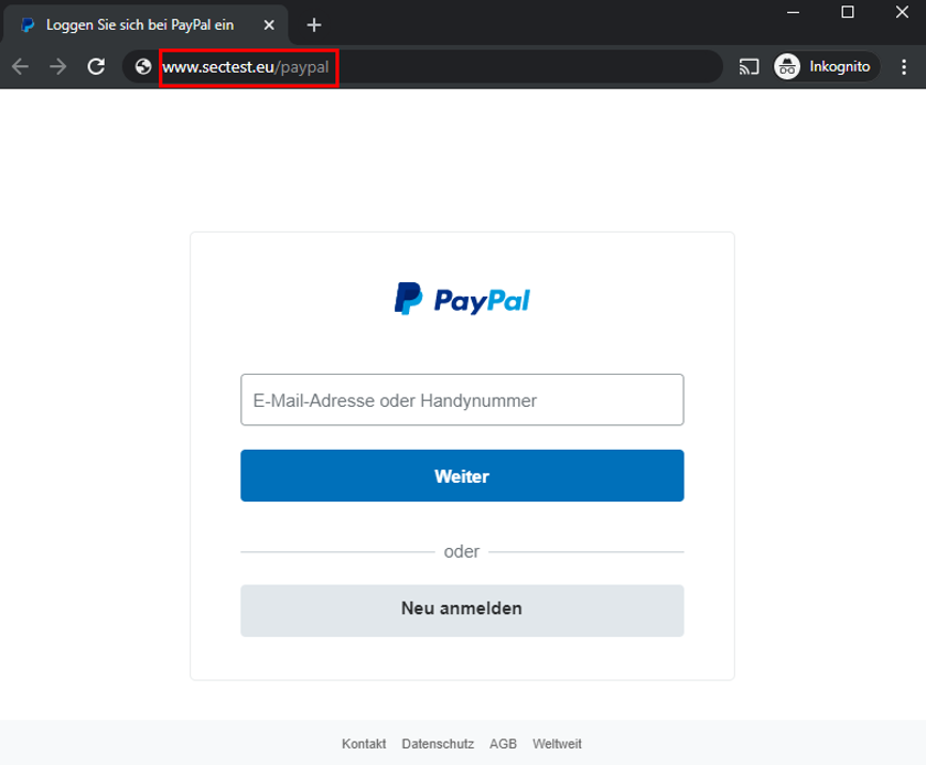 Webseite des Angreifers sieht der realen PayPal-Seite zum Verwechseln ähnlich.
