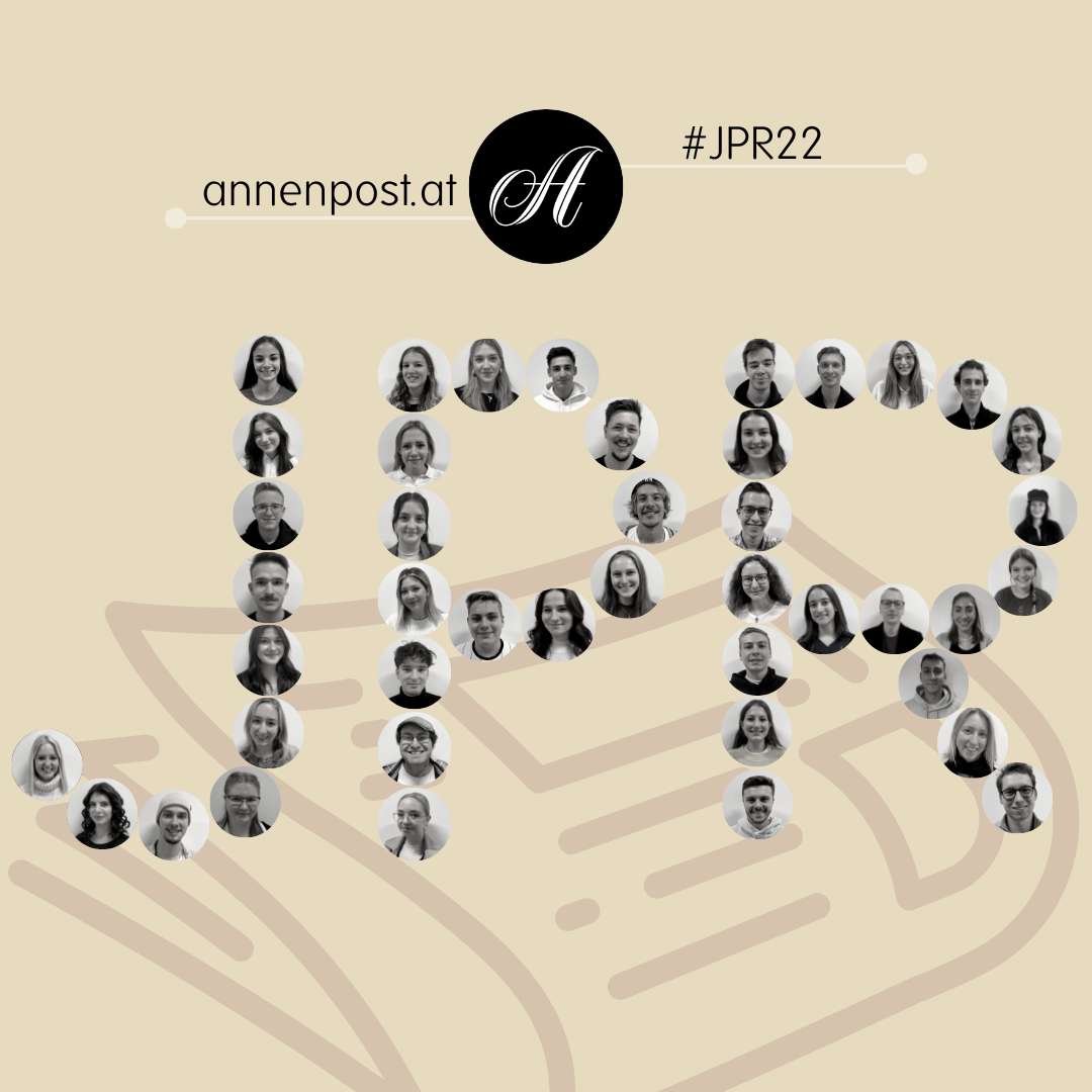 Annenpost.at with the hashtag #JPR 22, below in large letters JPR, the letters JPR designed with portrait photos