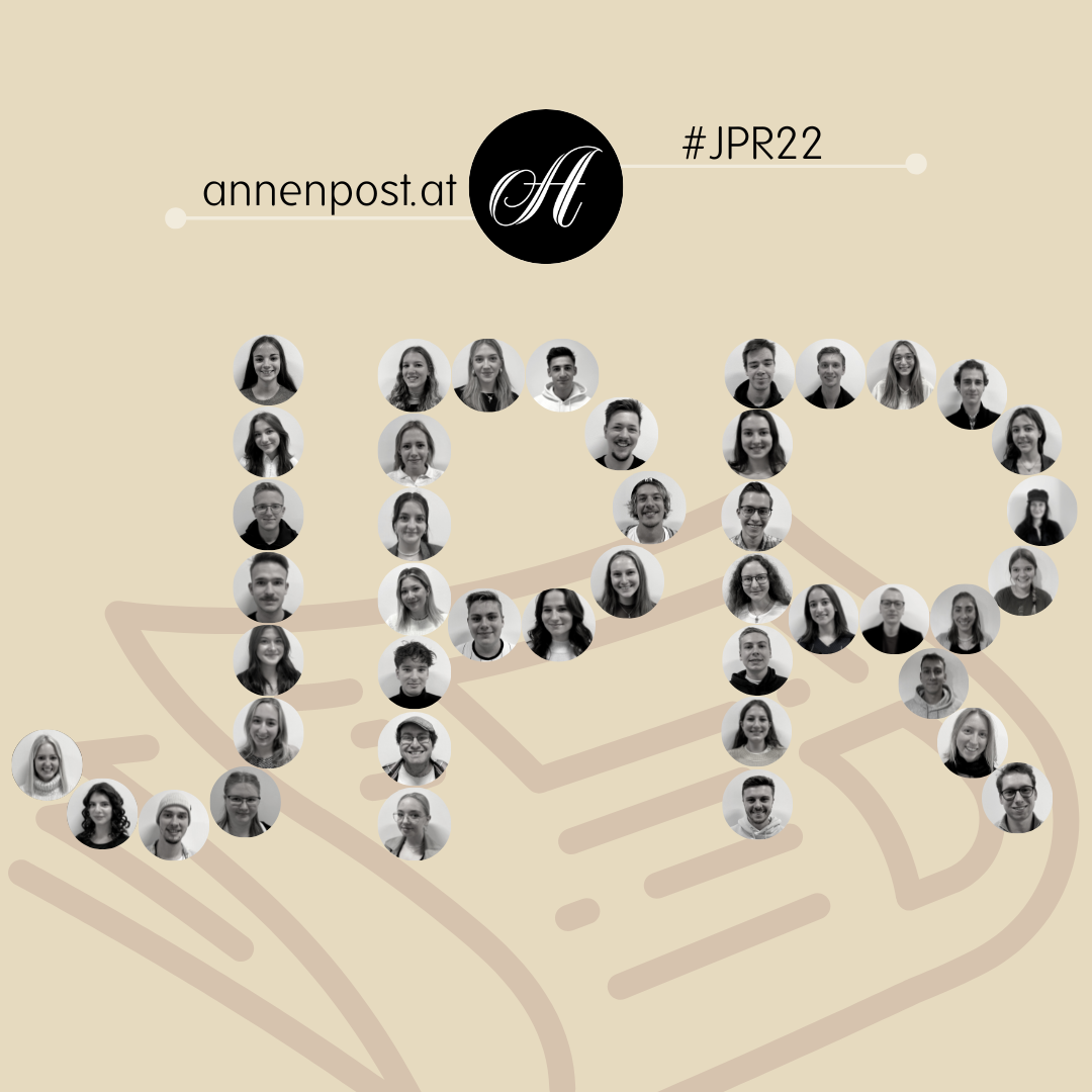 Annenpost.at mit dem Hashtag #JPR 22, darunter in großen Buchstaben JPR, die Buchstaben JPR mit Portraitfotos gestaltet