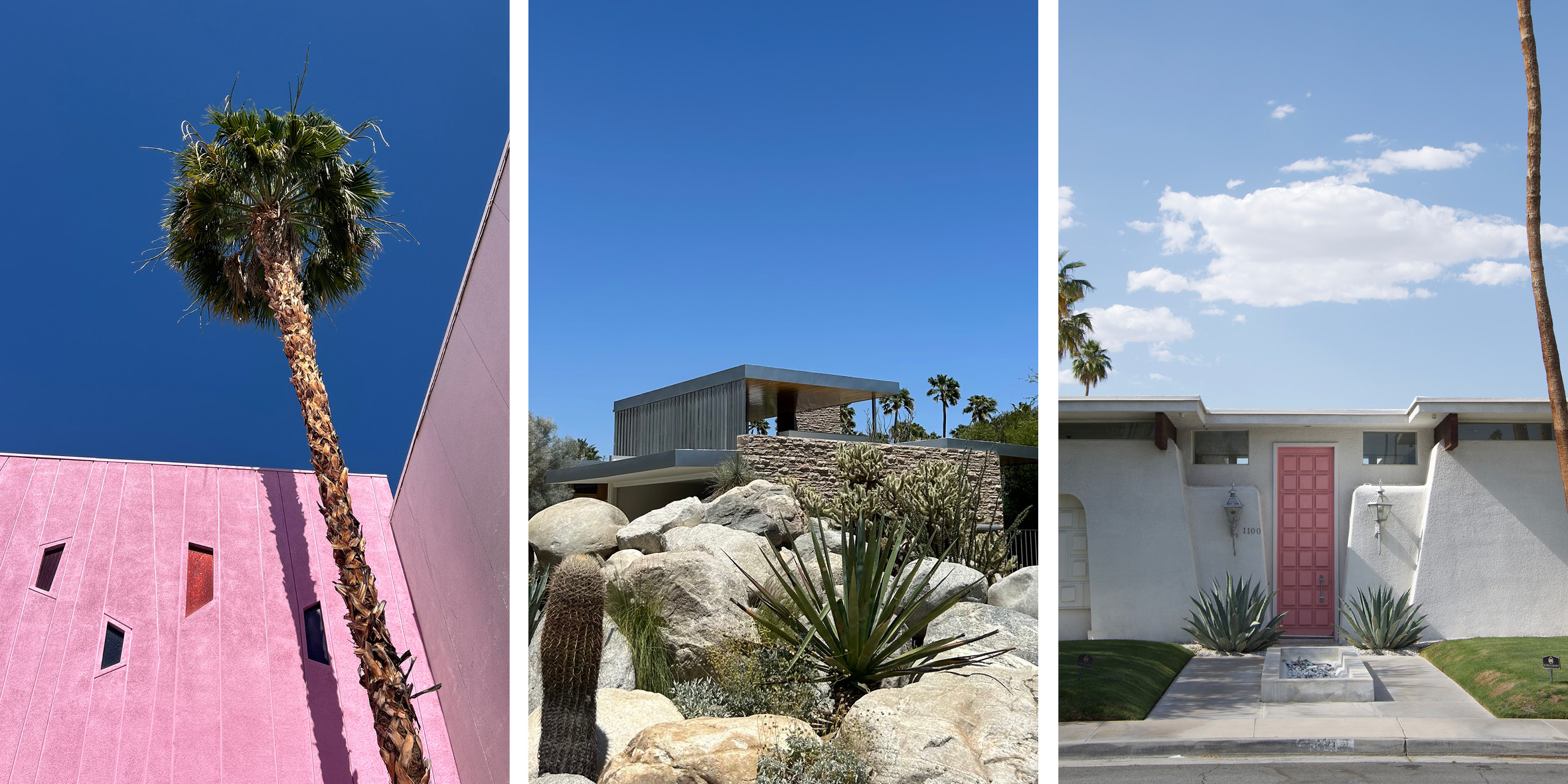 Eine Bildcollage von Palm Springs und dem Kaufmann House von Neutra. 